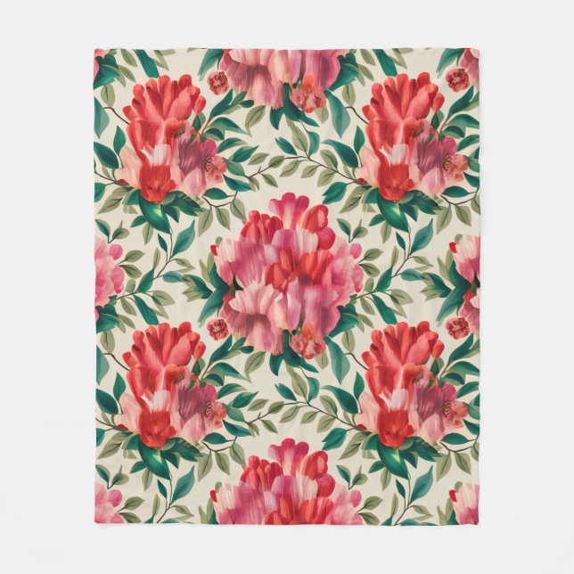 Elegantes Blumenmuster mit roten und rosa Blume Fleecedecke (Vorderseite)