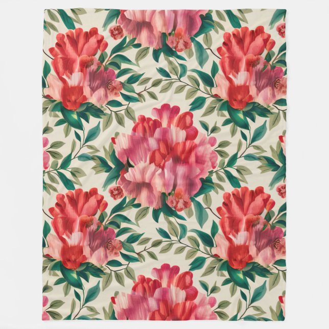 Elegantes Blumenmuster mit roten und rosa Blume Fleecedecke (Vorderseite)