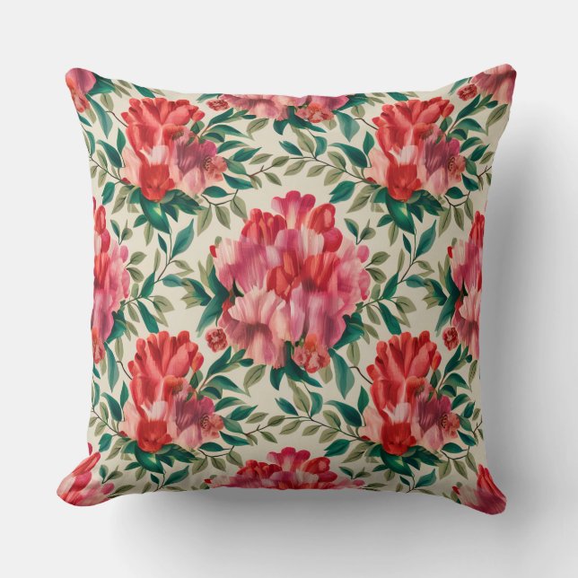 Elegantes Blumenmuster mit roten und rosa Blume Kissen (Vorderseite)