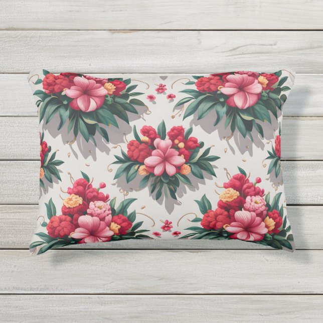 Elegantes Blumenmuster mit roten und rosa Blume Kissen Für Draußen (Vorderseite)