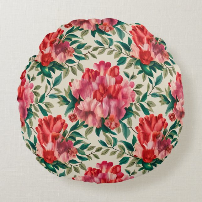 Elegantes Blumenmuster mit roten und rosa Blume Rundes Kissen (Vorderseite)