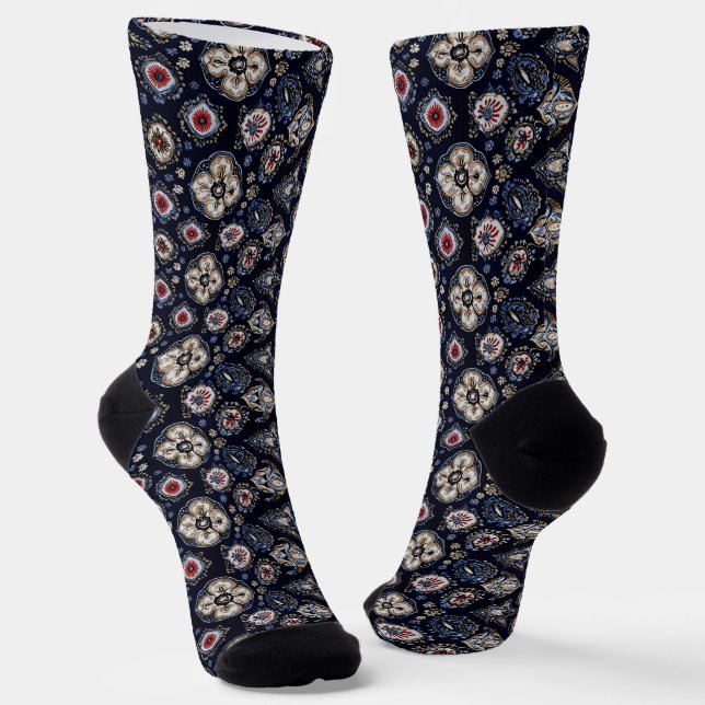 Elegantes Blumenmuster Navy Blue Socken (Gewinkelt)