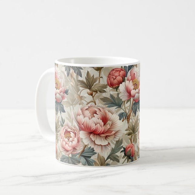 Elegantes Blumenmuster. Pellrosa-Erdnüsse Kaffeetasse (Vorderseite Links)