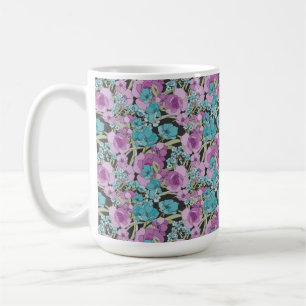 Elegantes Blumenmuster Rosa Lila Schwarzer Hinterg Kaffeetasse