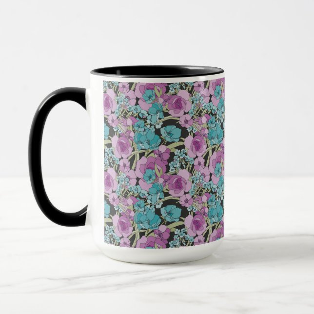Elegantes Blumenmuster Rosa Lila Schwarzes Hinterg Tasse (Links)
