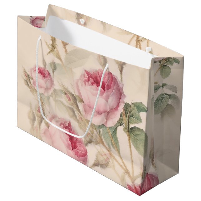 Elegantes Blumenmuster von rosa Rosen Große Geschenktüte (Vorderseite Schrägansicht)