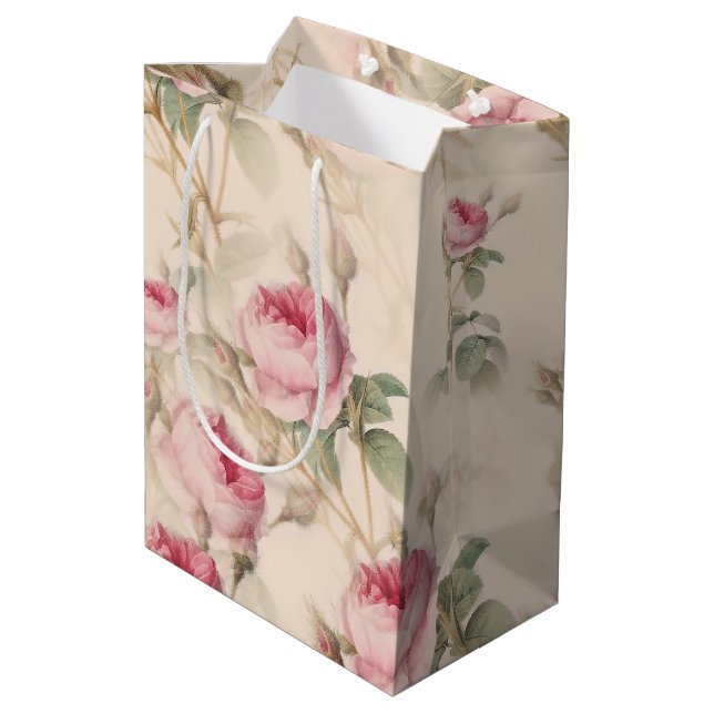Elegantes Blumenmuster von rosa Rosen Mittlere Geschenktüte (Rückseite Schrägansicht)