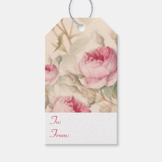 Elegantes Blumenmuster von rosa Rosen nach und von Geschenkanhänger (Vorderseite)