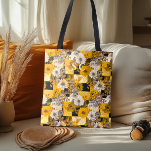 Elegantes Blumenpatchwork mit Gelb, Grau und Schwa Tasche