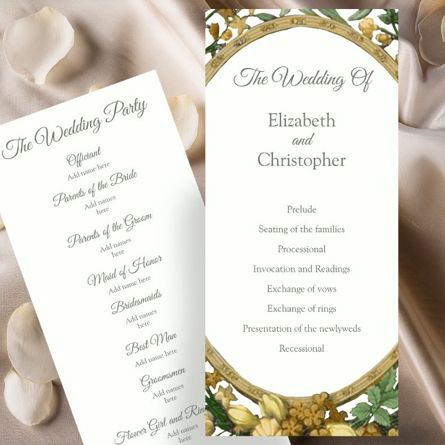 Elegantes Blumenrahmen-Hochzeitsprogramm in golden Programm (Von Creator hochgeladen)