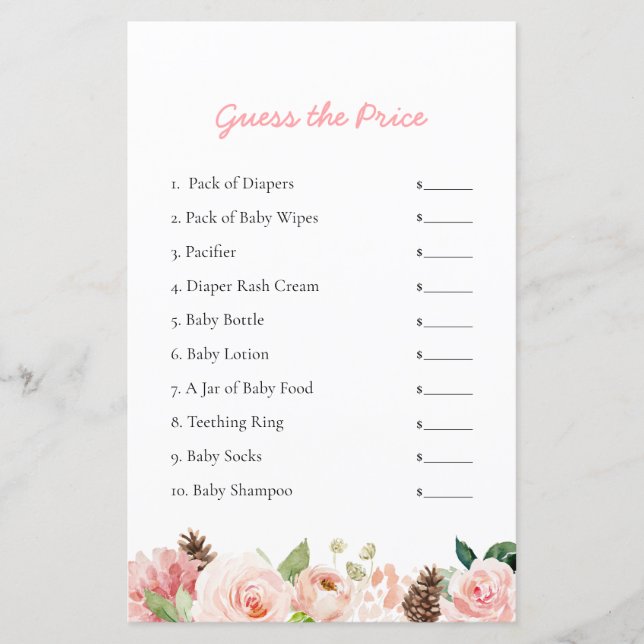 Elegantes Blumenrät das Price Baby Shower Game (Vorderseite)