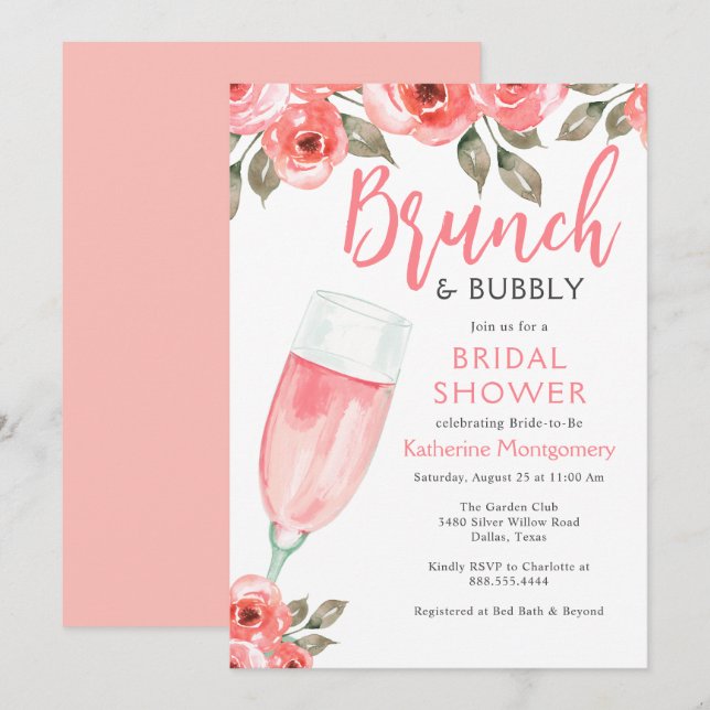 Elegantes Blumenrosa Brunch & Bubbly Brautparty Einladung (Vorne/Hinten)