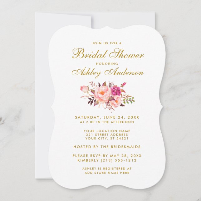 Elegantes Blumenrosa und goldenes Brautparty laden Einladung (Vorderseite)