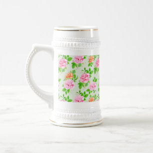 Elegantes Blumenrosen-Muster mit grünen Blättern-2 Bierglas