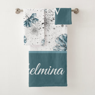 Elegantes Blumenroststahl, blau Monogramm Badhandtuch Set