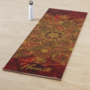 Elegantes Blumenrot, Schwarz & Gold Mandala Namast Yogamatte