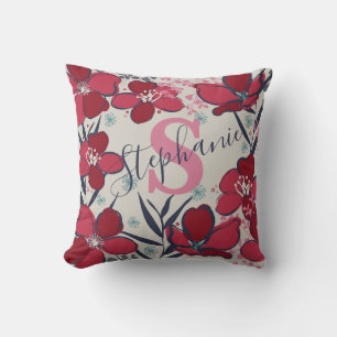 Elegantes, blumenrotes, rosa und beige Monogramm Kissen