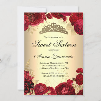 Elegantes, blumenrotes und goldenes Themed 16 . Ge Einladung