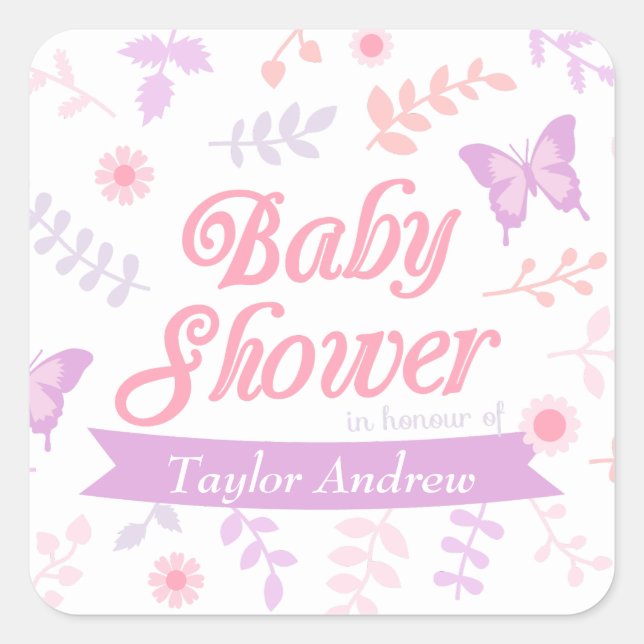 Elegantes Blumenschmetterling Baby Shower Party Quadratischer Aufkleber (Vorderseite)