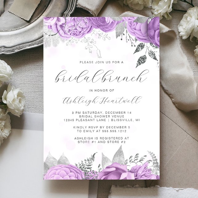 Elegantes Blumenskript Lilac Silver Bridal Brunch Einladung (Von Creator hochgeladen)