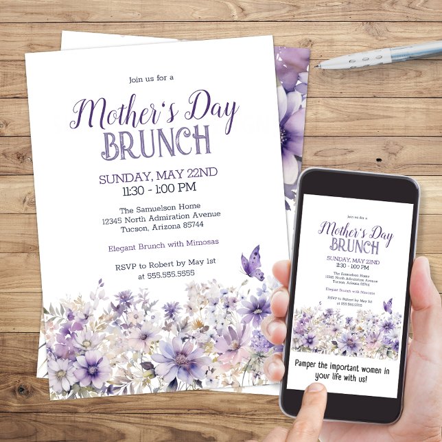Elegantes Blumenwasser Muttertagsbrunch Einladung (Purple Watercolor Floral Mother's Day Brunch Invitation for any Special Event or Elegant Luncheon)