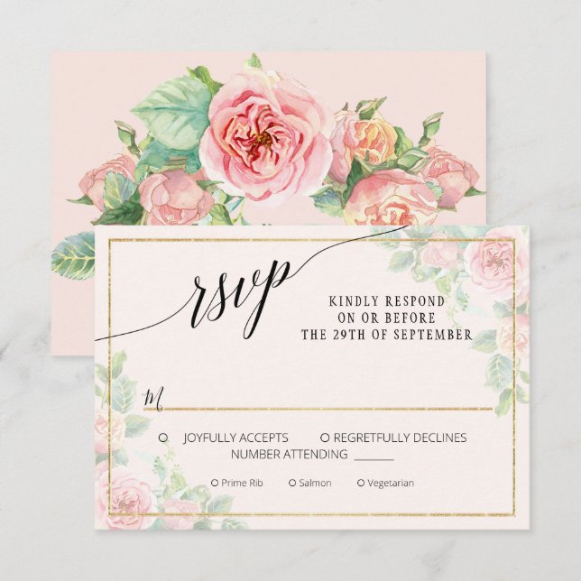 Elegantes Blumenzitat Rosa Goldfarbenhochzeit RSVP Karte (Vorne/Hinten)