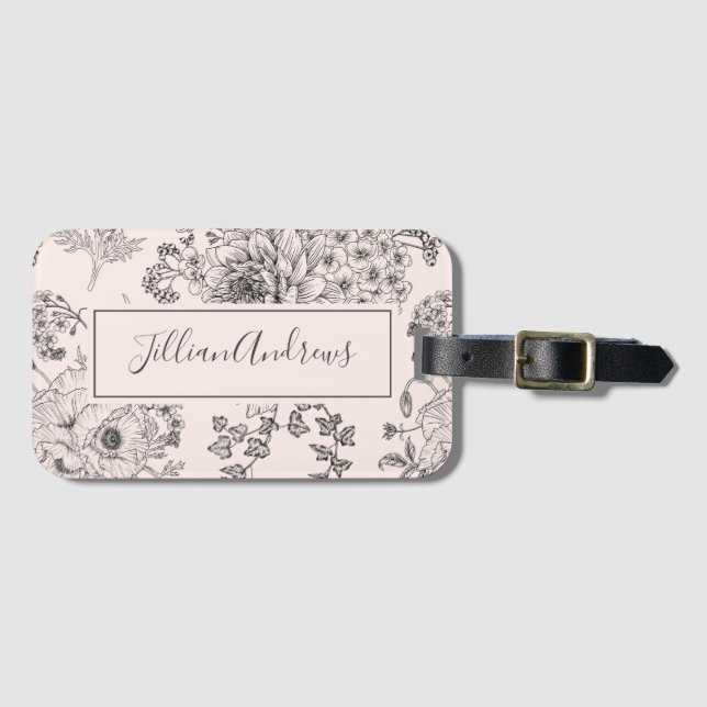 Elegantes Blush Black Rose Blumendesign Name Scrip Gepäckanhänger (Vorderseite (Horizontal))