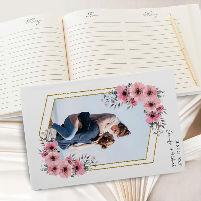 Elegantes Blush Bloral Gold Frame Foto Hochzeit Gästebuch (Capture memories in style with our Elegant Blush Floral Gold Frame Photo Wedding Guest Book.)