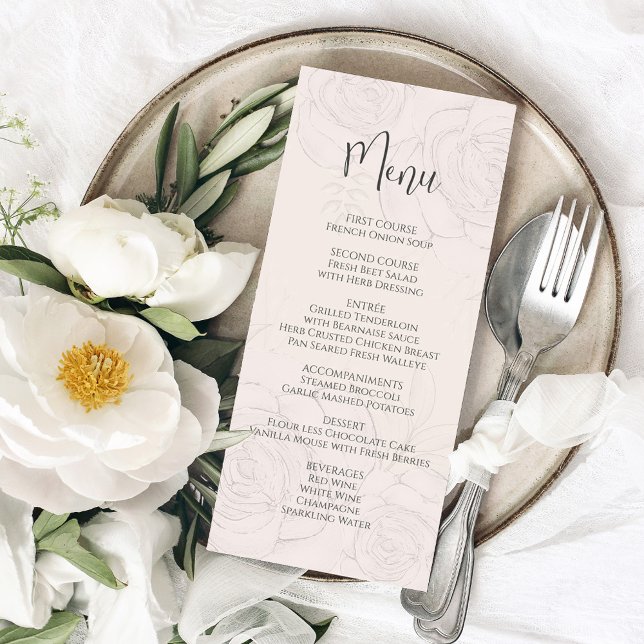 Elegantes Blush Blumengrün Calligrafy Menu Menükarte (Elegant blush floral menu card with simple calligraphy and simple block-style letterings. )