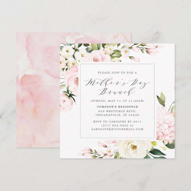Elegantes Blush Blumengrün Muttertag Brunch Einladung (Vorne/Hinten)