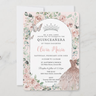 Elegantes Blush Blumenkleid Silver Quinceañera Einladung