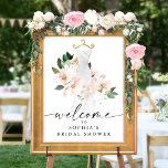 Elegantes Blush Brautparty Begrüßungszeichen Poster<br><div class="desc">Dieses wunderschöne Design besticht durch einen Blumenstrauß,  der sich um ein elegantes Hochzeitskleid und einen modernen Schriftart mit Drehbüchern (bearbeitbare Farbe) wickelt. Sehen Sie sich die gesamte Kollektion an,  um mehr passende Artikel zu finden! Sehen Sie sich unser Video "How Edit in Zazzle" unter YouTube.com/CreativeUnionDesign an.</div>