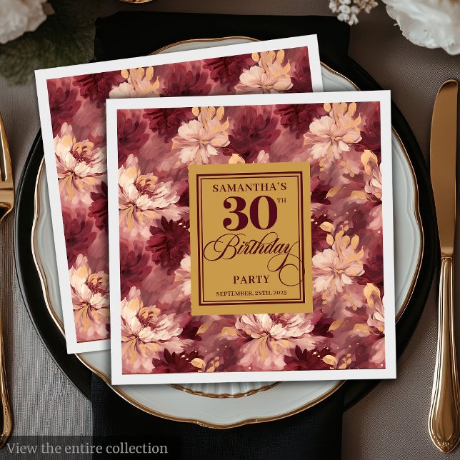 Elegantes Blush Burgundy Gold 30. Geburtstag Party Serviette (Elegant Blush Burgundy Gold 30th Birthday Party Napkins)