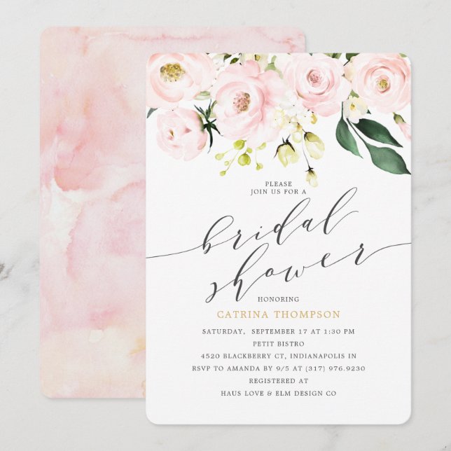 Elegantes Blush Floral und Eukalyptus-Brautparty Einladung (Vorne/Hinten)