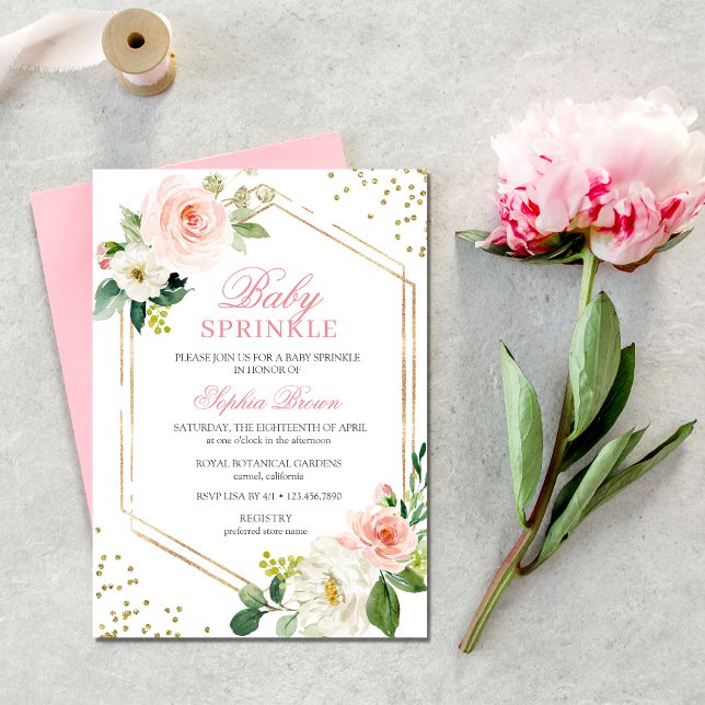 Elegantes Blush Gold Floral Baby Sprinkle Brunch Einladung (Pink Floral Baby Sprinkle Invitation)