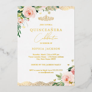 Elegantes Blush Gold Floral Lace Foto Quinceanera Folieneinladung