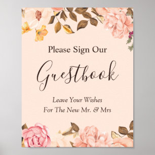 Elegantes Blush Gold Floral Wedding Gästebuch-Zeic Poster