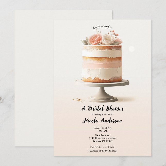 Elegantes Blush Peach Floral Cake Brautparty Einladung (Vorne/Hinten)