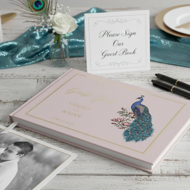 Elegantes Blush Peacock Foto Wedding Gästebuch (Elegant Modern Pink Floral Peacock Wedding Guest Books. Bird, Ornate Teal Feathers, Chic Gold Foil)