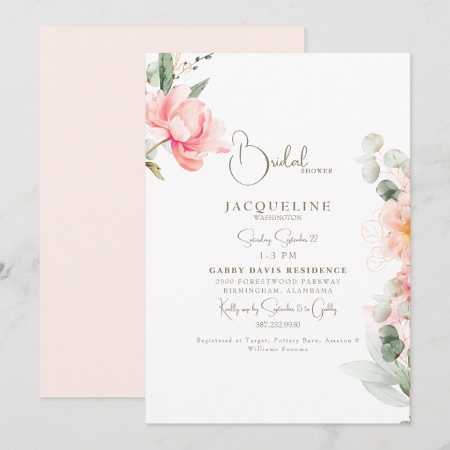 Elegantes Blush Peonies Gold Text Brautparty Einladung (Vorne/Hinten)