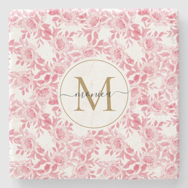 Elegantes Blush Pink Aquarellfarben Gold Monogramm Steinuntersetzer (Vorderseite)