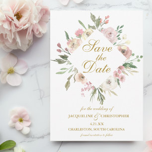 Elegantes Blush Pink Bläserpeony Gold Script Save The Date