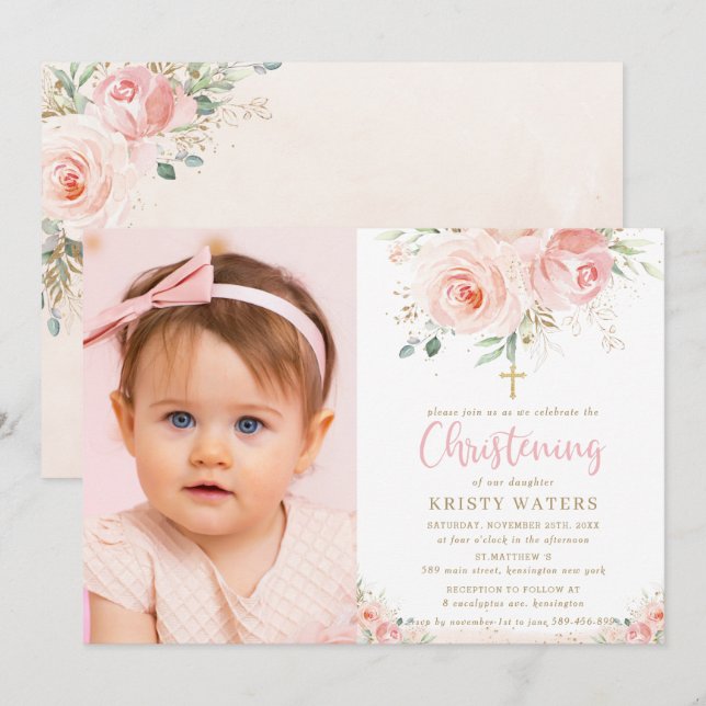 Elegantes Blush Pink Floral Gold Christening Foto Einladung (Vorne/Hinten)