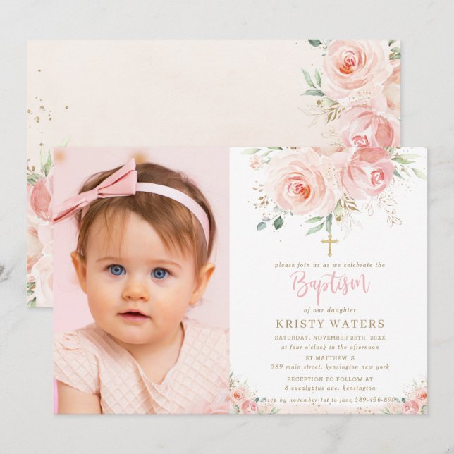 Elegantes Blush Pink Floral Gold Taufe Foto Einladung (Vorne/Hinten)
