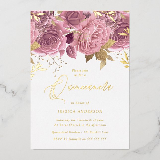 Elegantes Blush Pink Floral Quinceanera Party Gold Folieneinladung (Vorderseite)