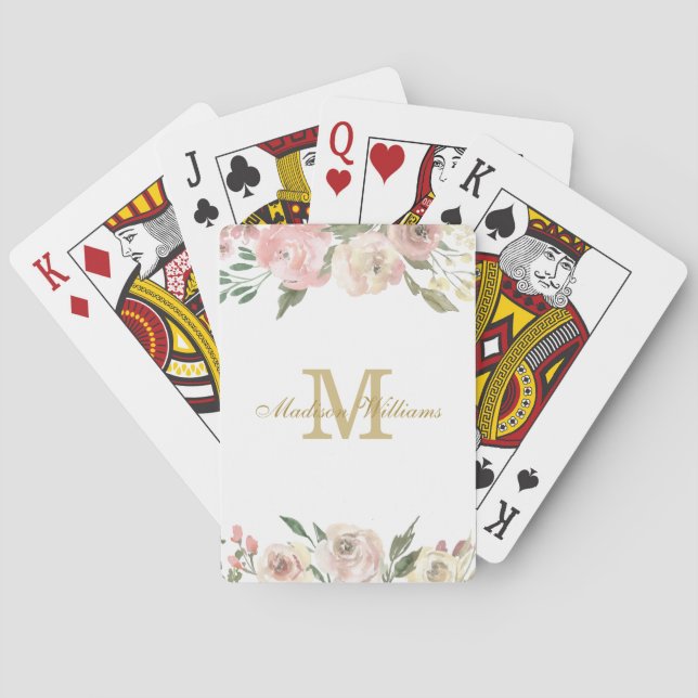 Elegantes Blush Pink Gold Floral Custom Monogram Spielkarten (Rückseite)
