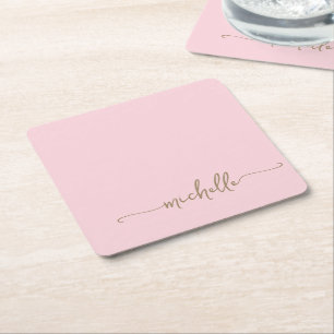Elegantes Blush Pink Gold Monogram Name Script Rechteckiger Pappuntersetzer
