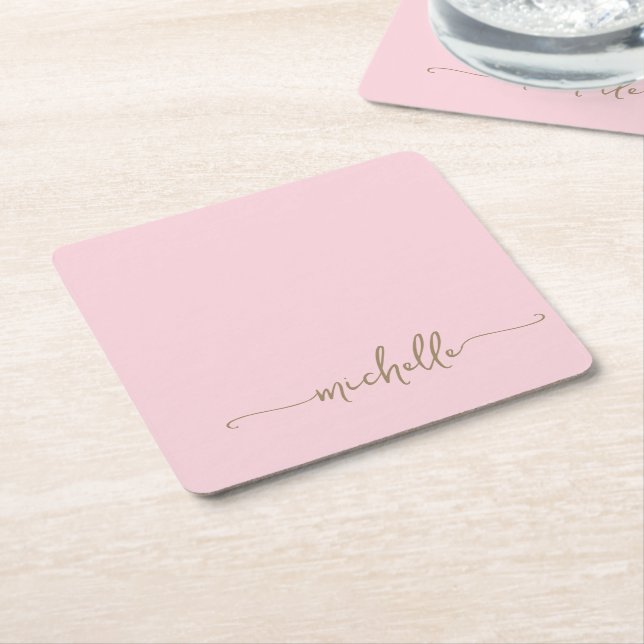 Elegantes Blush Pink Gold Monogram Name Script Rechteckiger Pappuntersetzer (angewinkelt)