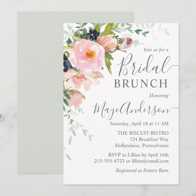 Elegantes Blush Pink & Gray Bridal Brunch Einladung (Vorne/Hinten)