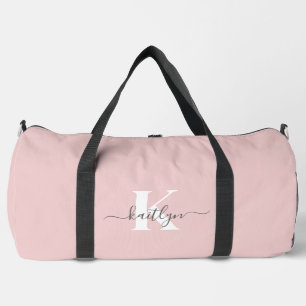 Elegantes Blush Pink Gray Script Monogram Duffle Bag